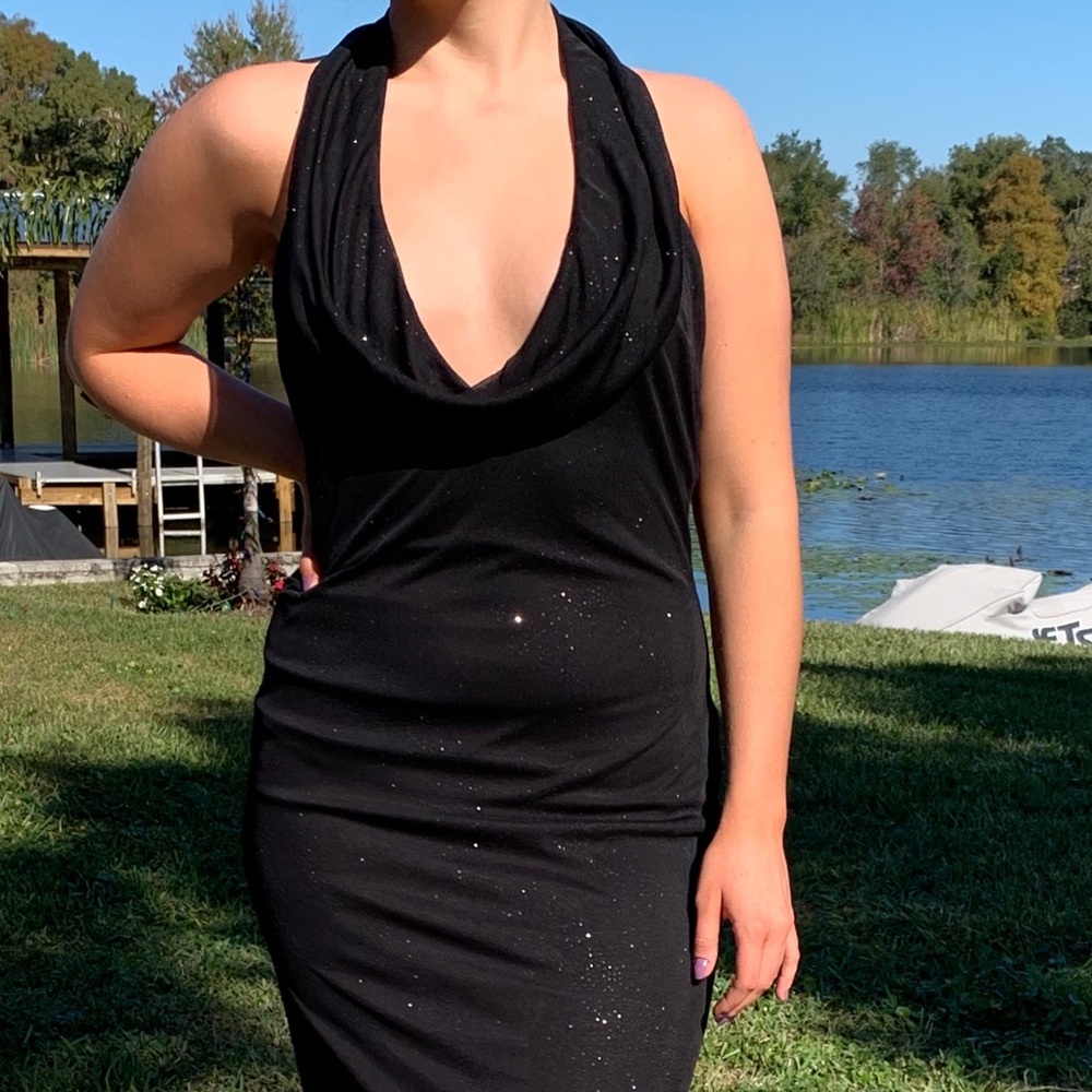 Jessica McClintock black sparkly party dress.